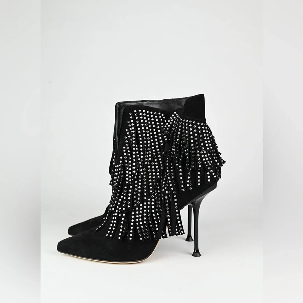 Sergio Rossi Black Ankle Boots with Silver Fringe - Picture 15 of 16